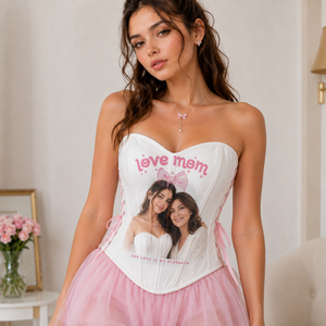 ชุดเดรสคอร์เซ็ทลายรูปถ่ายตามสั่งรักแม่ |   เสื้อรัดตัววันแม่แบบสั่งทำพิเศษและกระโปรงมินิผ้าทูลสีชมพู |   ชุดคอร์เซ็ทแบบผูกเชือก - Product Image 1