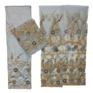 Tissu de robe de mariée ethnique africain perlé à la main avec pierres et sequins, 100 % polyester, antistatique, couleur et design personnalisables pour femmes - Product Image 4