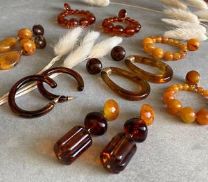 Golden Brown Resin Hoop and Bead Earrings | Earth Tone Resin Fashion Jewelry Set | <b>Retro</b> Resin Earrings Assorted Resin craft - Product Image 1