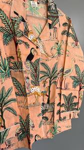 Conjunto de Pijama de Algodón Estampado a Mano con Rayas Verticales Florales para Mujer, Ropa de Dormir de Secado Rápido para Primavera/Verano, Elegante y a Rayas - Product Image 3