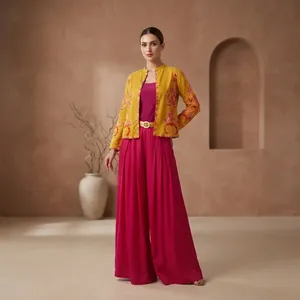 Ensemble deux pièces pour femmes en velours côtelé 100% coton écologique, manches trois-quarts brodées, style sophistiqué printemps-été - Product Image 4