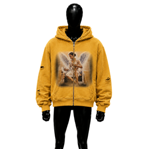 Sweat-shirt à capuche jaune zippé pour homme avec imprimé ange, coupe oversize décontractée, design imprimé par sublimation sur le devant - Product Image 1