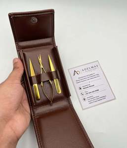 Pince à épiler biseautée en acier inoxydable plaqué or avec ciseaux à ressort de précision, étui en cuir marron, logo personnalisé - Product Image 4
