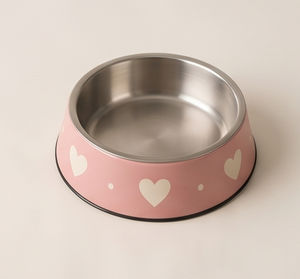 Cute White Heart Pattern Enamel Pet <b>Bowl</b> Non Skid Base <b>Pink</b> Metal <b>Dog</b> Cat Water Feeder Dish Wholesale Modern Feeding Basin OEM - Product Image 3