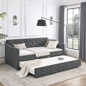 Divano letto matrimoniale trapuntato con letto estraibile, imbottito grigio, con braccioli ondulati, dimensioni 80.5"x44.5"x33.5" - Product Image 1