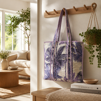 Bolso Tote Informal de Lona de Algodón Acolchado con Diseño de Puntos, Estilo Boho, para Playa o Viaje, Gran Capacidad, con Correa para el Hombro, Morado y Blanco, para Mujer