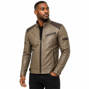 Blouson de motard en cuir véritable pour homme, couleur taupe kaki, avec logo personnalisé, épaules matelassées marron, style vintage, coupe ajustée, fabricant - Product Image 3