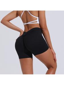 Shorts de Yoga Negros de Cintura Alta con Diseño de Glúteos Fruncidos, Sin Costuras, de Spandex y Nailon, Elásticos, Cortos, para Fitness - Product Image 1
