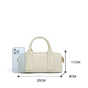 Bolso de bowling clásico de cuero genuino marrón con cierre de cremallera, dos asas, bolso de mano para mujer, bolso de uso diario de cuero. - Product Image 4