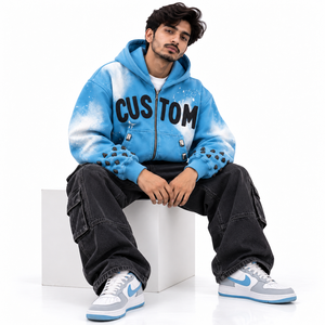 Sweat à capuche unisexe personnalisé vintage délavé à l'acide avec strass imprimés par pulvérisation, fermeture éclair, coupe oversize, en molleton épais, fournisseur ODM OEM - Product Image 4