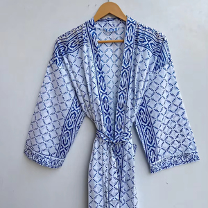 Bata Kimono de Algodón 100% Tejido con Estampado de Dibujos Animados para Mujer, Camisón de Verano Hecho a Mano, Cuello en V, Cintura Elástica, Largo hasta la Rodilla - Product Image 1