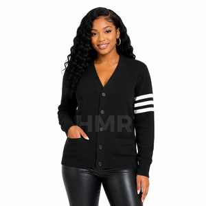 HMR Acrylic Sisterhood Sorority Cardigan en tricot noir à col en V, écologique, avec rayures blanches, pull décontracté - Product Image 1