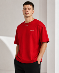 Camiseta Deportiva FAWKES para Hombre, Roja, de Algodón, Manga Corta, Cuello Redondo, Corte Holgado, Largo Regular, Color Sólido, Logotipo Frontal con Impresión Digital - Product Image 1