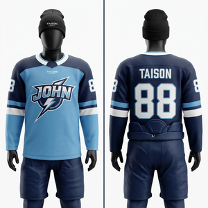 Uniforme de Hockey sobre Hielo de Malla de Poliéster Premium de 220 GSM, Azul Marino con Panel Azul Cielo, Logotipo Personalizado, Ropa Deportiva para Equipos - Product Image 1