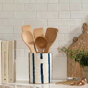 Hand Painted Ceramic <b>Utensil</b> <b>Holder</b> Blue Stripe Design Smooth Glaze Durable Heat Resistant <b>Kitchen</b> Counter Storage Organizer - Product Image 4