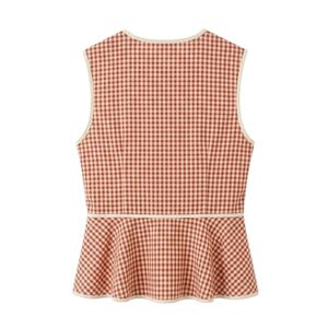 Chemisier Peplum sans manches pour femme, coupe ajustée à la taille, à carreaux orange vichy, style boutique d'été - Product Image 2