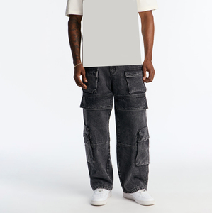 Pantalones Cargo de Mezclilla Lavada para Hombre, Algodón de Peso Medio, Corte Holgado, Color Sólido, Estilo Otoñal - Product Image 1