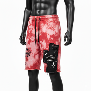 กางเกงขาสั้นผ้าฝ้ายฟลีซย้อมสีเอซิด แดง ขาว ลายมัดย้อม ดำ แต่งผ้าแบบแอพพลิเค พร้อมสกรีนโลโก้ตามสั่ง เอวแบบรูดเชือก สำหรับผู้ชาย - Product Image 4