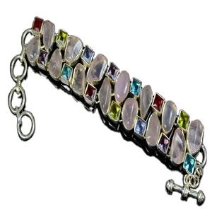 Pulsera Religiosa de Plata de Ley 925 Hecha a Mano con Cuarzo Rosa Natural en Bruto y Piedras Preciosas Multicolores, 8 Pulgadas de Largo, Joyería para Mujer, Regalo para Fiesta - Product Image 1