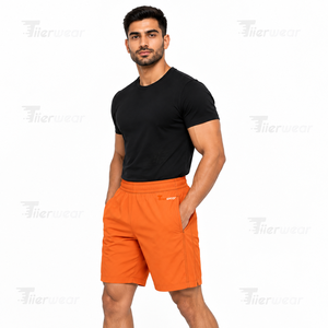Shorts de bain orange pour hommes, séchage rapide, taille élastique, décontractés, avec poches, couleur unie, logo frontal, shorts de sport pour hommes - Product Image 2