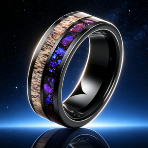 Anello in Carburo di Tungsteno con Intarsio Corno di Cervo e Galassia, Bordo Lucido, Fede Nuziale da Uomo, Vestibilità Confortevole, Gioiello per Fidanzamento e Promessa - Product Image 3