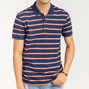 Men's <b>Navy</b> <b>Blue</b> Contrast Coral Striped Short Sleeve <b>Polo</b> <b>Shirt</b> Casual Regular Fit Top - Product Image 1