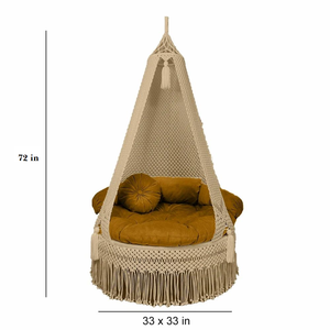 Beige Macramé <b>Hammock</b> Swing Handwoven Hanging Bed Tassel Decorative Lounge Chair <b>for</b> Indoor Patio Outdoor Swing Jhula (72"X40") - Product Image 5