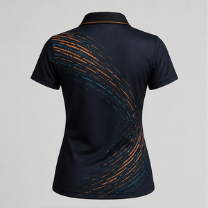 เสื้อโปโลผู้หญิงสีดำส้มเขียวอมฟ้าลายวนแบบกำหนดเอง แห้งเร็ว ระบายอากาศได้ดี แขนสั้น สำหรับกีฬากอล์ฟ รุ่น WPS-0893 - Product Image 2