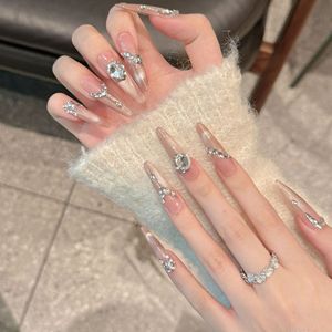 Faux ongles à presser faits main, effet œil de chat, paillettes argentées, strass, luxe, réutilisables, couverture complète, en gel acrylique - Product Image 4