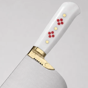 Cuchillo de Carnicero de Alta Resistencia, Hoja Ancha Curva Plateada, Mango Blanco con Puntos Rojos, Empuñadura Dorada, Cuchillo de Cocina para Cortar Carne - Product Image 2