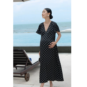 Casual Loose Waist Minimalist V- Neck Regular Sleeve Silk Blend Striped Summer Midi 160gsm Front Dresses - Product Image 1
