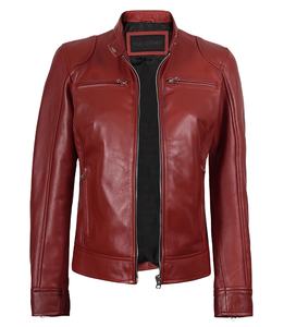 DARKRY Blouson de moto pour femme en cuir véritable rouge, coupe ajustée, coupe-vent, écologique, style Cafe Racer, en tissu satiné, hiver - Product Image 3