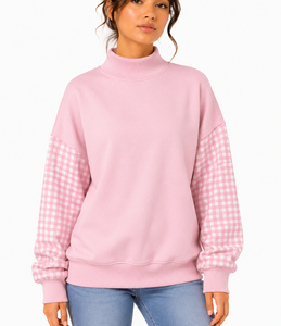 Sudadera de cuello alto para mujer con logo personalizado, mangas de gingham, apliques de letras, estilo oversize, casual, tipo jersey, fabricante - Product Image 1