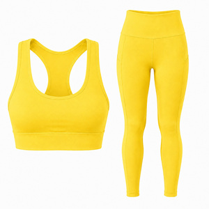 Ensemble de soutien-gorge de sport jaune et leggings pour femmes, taille haute, vêtements de sport, yoga, fitness, tenue deux pièces - Product Image 3