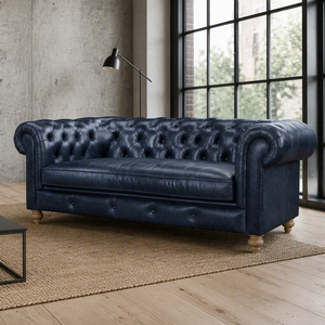Genuine Leather Chesterfield <b>Sofa</b> Tufted Back Rolled Arms Three Seat Wood Legs Living Room <b>Sofa</b> Home Office Leather <b>Sofa</b> - Product Image 1