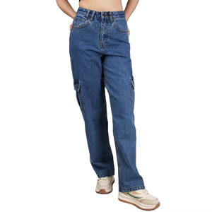Jeans de Mujer Azul Oscuro Lavado, Corte Holgado Estilo Boyfriend, Mezclilla de Algodón, Pierna Recta, Estilo Casual Skater - Product Image 1