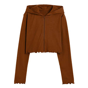 Haut court zippé à épaules tombantes pour femme, doux au toucher, haute densité, côtelé, avec ourlet festonné et poignets festonnés, été automne - Product Image 1