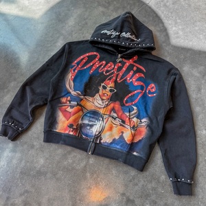 Sweat à capuche délavé 450 g/m² avec strass, effet vieilli, impression DTF, en tissu molletonné gaufré à effet vieilli - Product Image 1