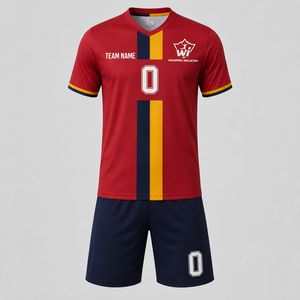 Ensemble Maillot et Short de Football Personnalisé Rouge Bleu Marine Jaune Respirant Anti-Transpiration 100% Polyester Tenue d'Équipe de Football pour Hommes Toutes Tailles - Product Image 1