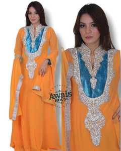 AWAIS HOUSE Women's Orange Blue Beaded Embroidery <b>Chiffon</b> Polyester Fiber Floor-Length Modest Evening Dress V-Neck Long Natural - Product Image 2