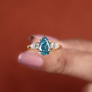 2.40 TW Blue Color Pear Diamond Lab Grown Diamond Three <b>Stone</b> Engagement <b>Ring</b> 14K Yellow Gold Anniversary Wedding Jewelry - Product Image 6