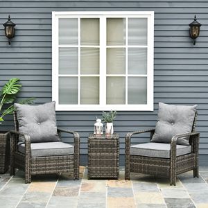 Set di mobili da giardino a 3 pezzi con sedie in vimini grigio, sedili imbottiti e tavolino portaoggetti - Product Image 2