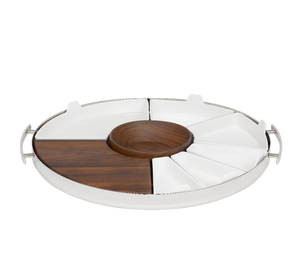 Round Stainless Steel Serving Tray with Wooden Board and Porcelain Compartments for Snacks Appetizers Party Use - Product Image 2