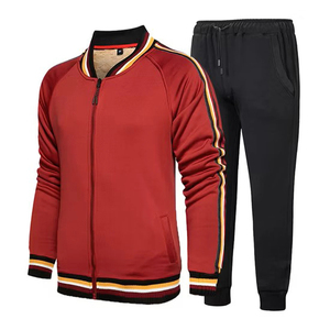 Survêtement rouge pour homme, sweat-shirt à fermeture éclair intégrale avec poches latérales, design rayé, jogging décontracté, vêtements d'automne, mélange de polyester et de coton - Product Image 1