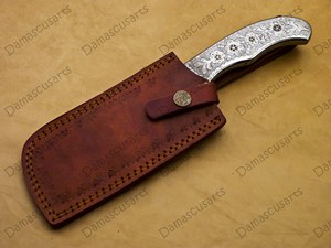 Cuchillo de carnicero de acero de Damasco hecho a mano con funda de cuero |   Cuchillo de Carnicero Forjado de Alta Resistencia, Cuchillo Tracker OEM para Bricolaje - Product Image 2