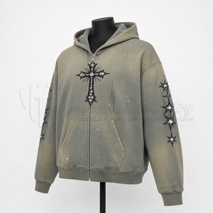 Men's <b>Vintage</b> Washed Rhinestone Zip Up Hoodie <b>Oversized</b> Heavyweight Streetwear Distressed Full Zip Hooded <b>Sweatshirt</b> - Product Image 3
