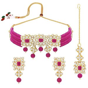 Ensemble collier et boucles d'oreilles en alliage plaqué or avec zircon rose et perles d'imitation pour femmes, bijoux de mariage - Product Image 1