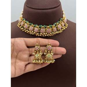 Indian Ethnic <b>Gold</b> Plated Bridal Choker Necklace & Earring <b>Set</b> by Vina Chorski - Product Image 3