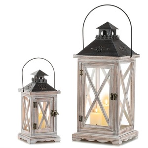 Hot Selling Home Decoration Glass and Stainless Steel Decorative Luxury <b>Set</b> of 2Pcs Wooden <b>Lantern</b> Matt Black Finished - Product Image 5