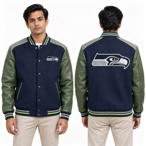 Classic Letterman <b>Jacket</b> Contrast Trim Casual Style Ribbed Cuffs Sports Uniform School Events Personalized Number Chenille <b>Patch</b> - Product Image 1